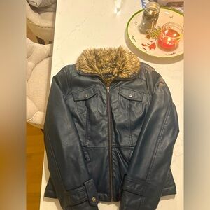 Black Rivet Faux Fur Lined Buckled Bomber Jacket